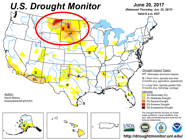 Montana, North Dakota and South Dakota right now are the hot spots for drought in the country. USDA on Friday approved emergency CRP grazing for the three states. (Map courtesy of the U.S. Drought Monitor)
